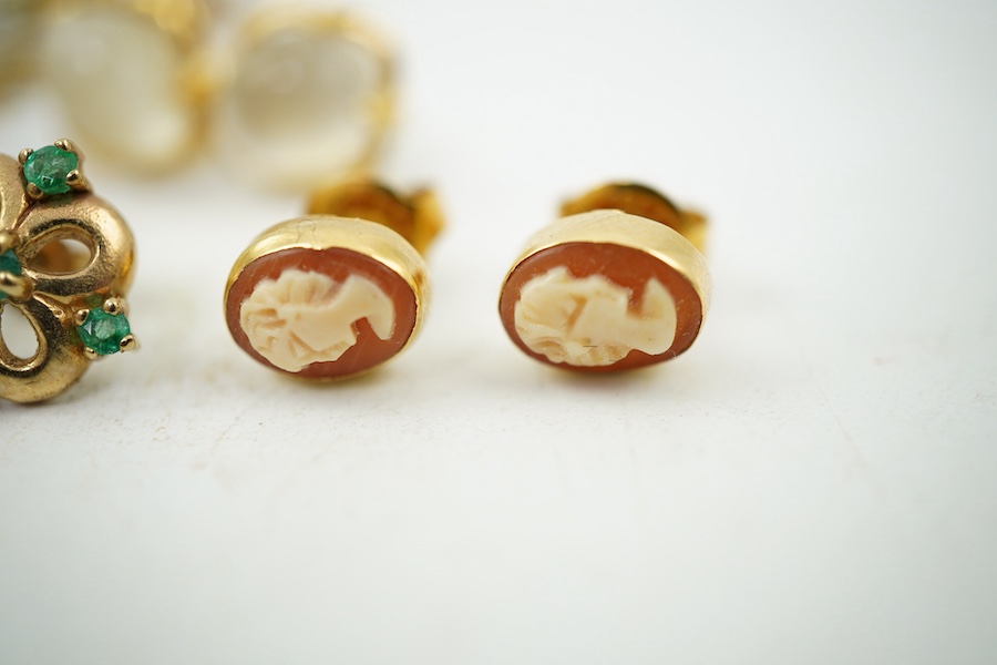 Eight pairs of earrings and pendant, comprising: a pair of onyx studs; a pair of emerald studs; a pair of sapphire and diamond drop earrings; a pair of opal drop earrings; a pair of garnet drop earrings; and a shell pend